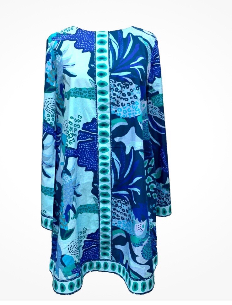 CELINA MOON COTTON BELL SLEEVE PRINT BLUE MII DRESS SIZE L $238