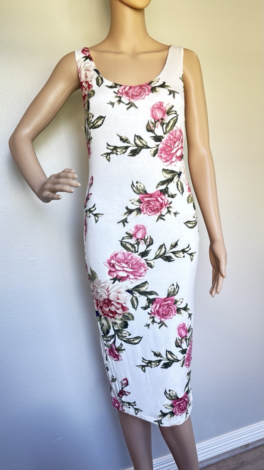 Popular Basic Women’s Midi Floral Print Dress Back Zipper Stretch Sleeveless M