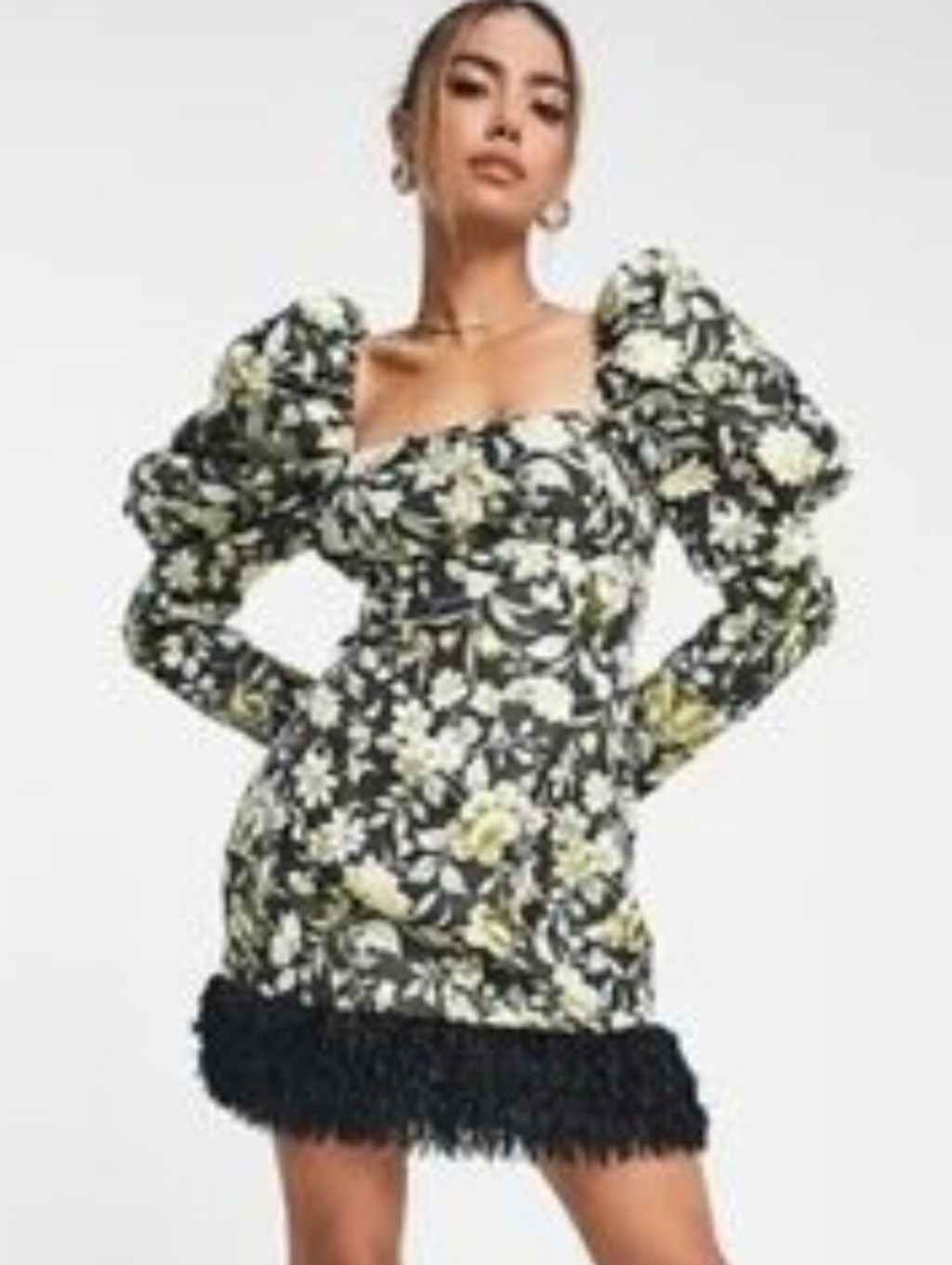 Miss Selfridge Green & Black Floral Jacquard Black Faux-Fur Fringe Dress, Size 4