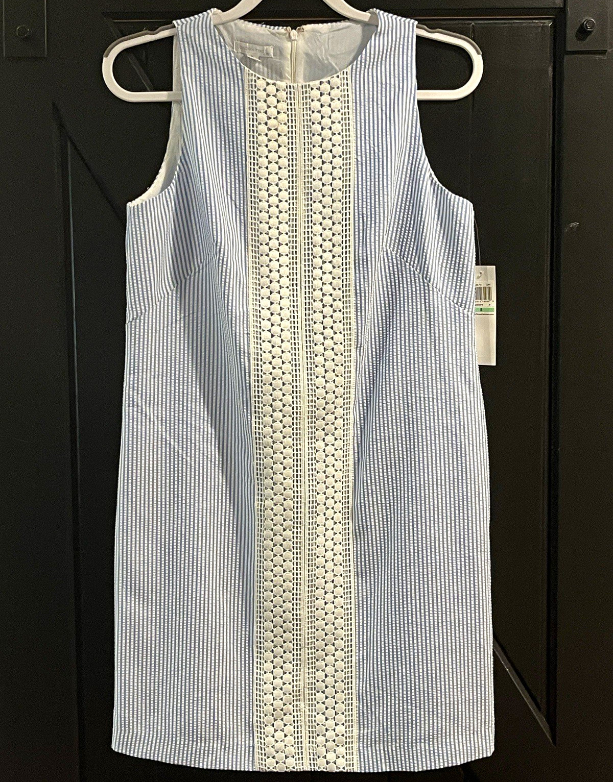 London Times Blue/White Striped Seersucker Lace Shift Dress Round Neck 8 T2073M