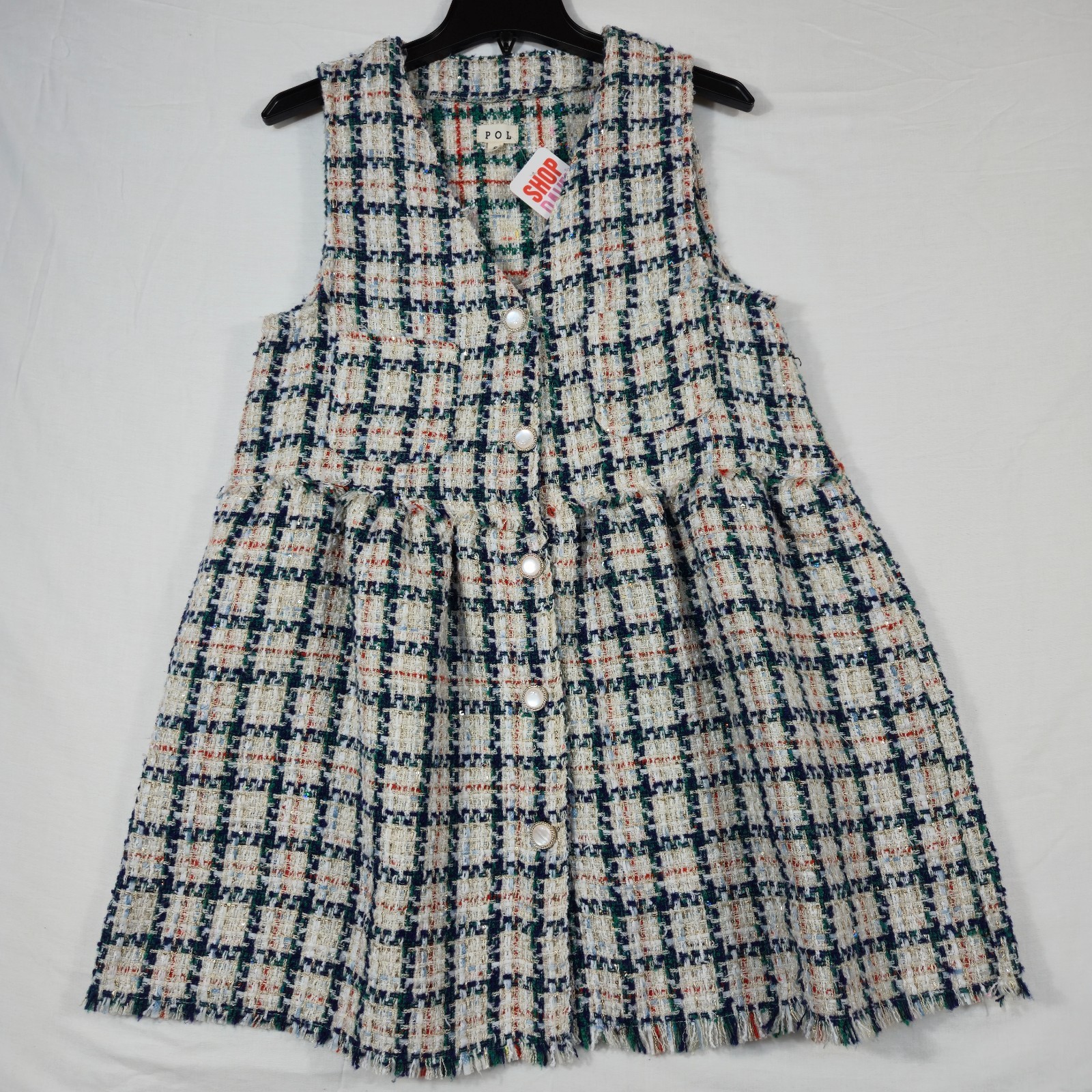 Pol Mini Dress Womens Small Multi Plaid Pleated V Neck Sleeveless Button Front