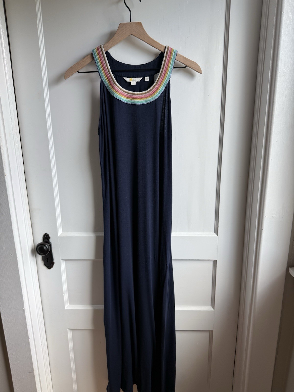 Boden US 2R Navy Sleeveless Maxi Dress Scoop Neck Rainbow Trim Jersey Rayon