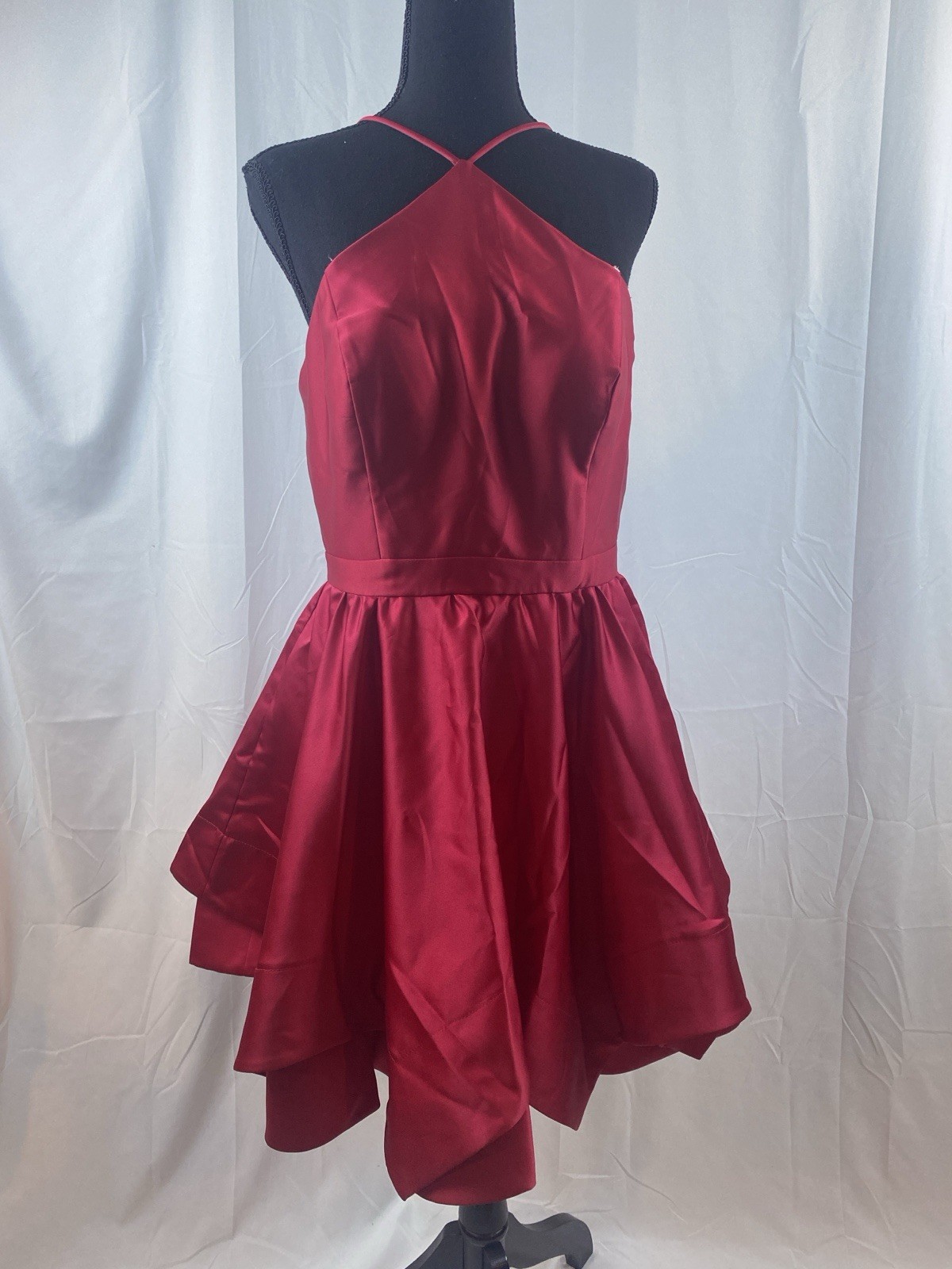 Blondie Nites Juniors Size 9 Red Y Neck Red Satin Fit N Flare Mini Dress Pockets