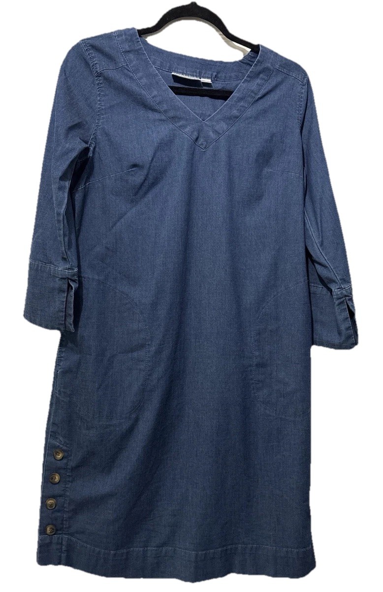 Belle Kim Gravel Denim V Neck Dress Size XS Horn Blue Buttons Pockets Dark Wash