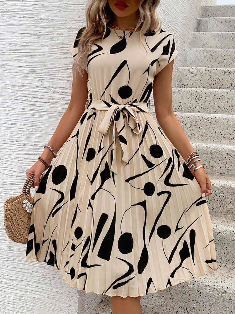 New Sleeveless Temperament Commuter Dress | Lace-Up Pleated Round Neck Skirt