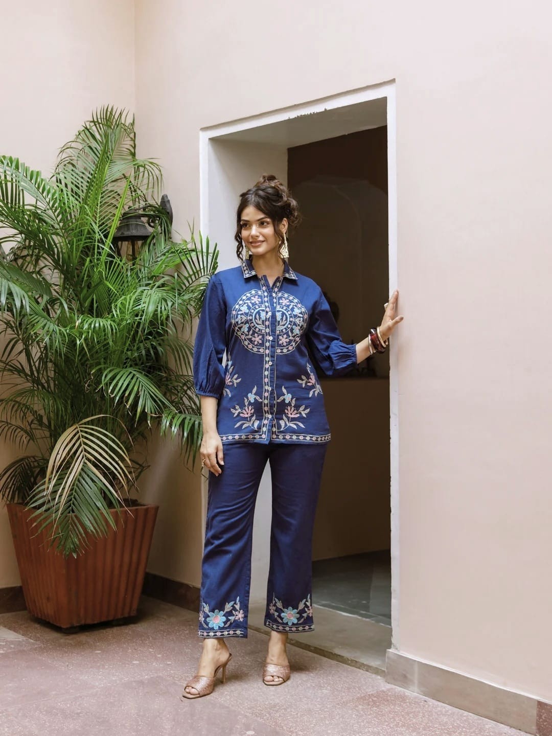 Woman Navy Cotton Flex Co-Ord Set Women Embroidered Top Pant Ethnic Casual Wear