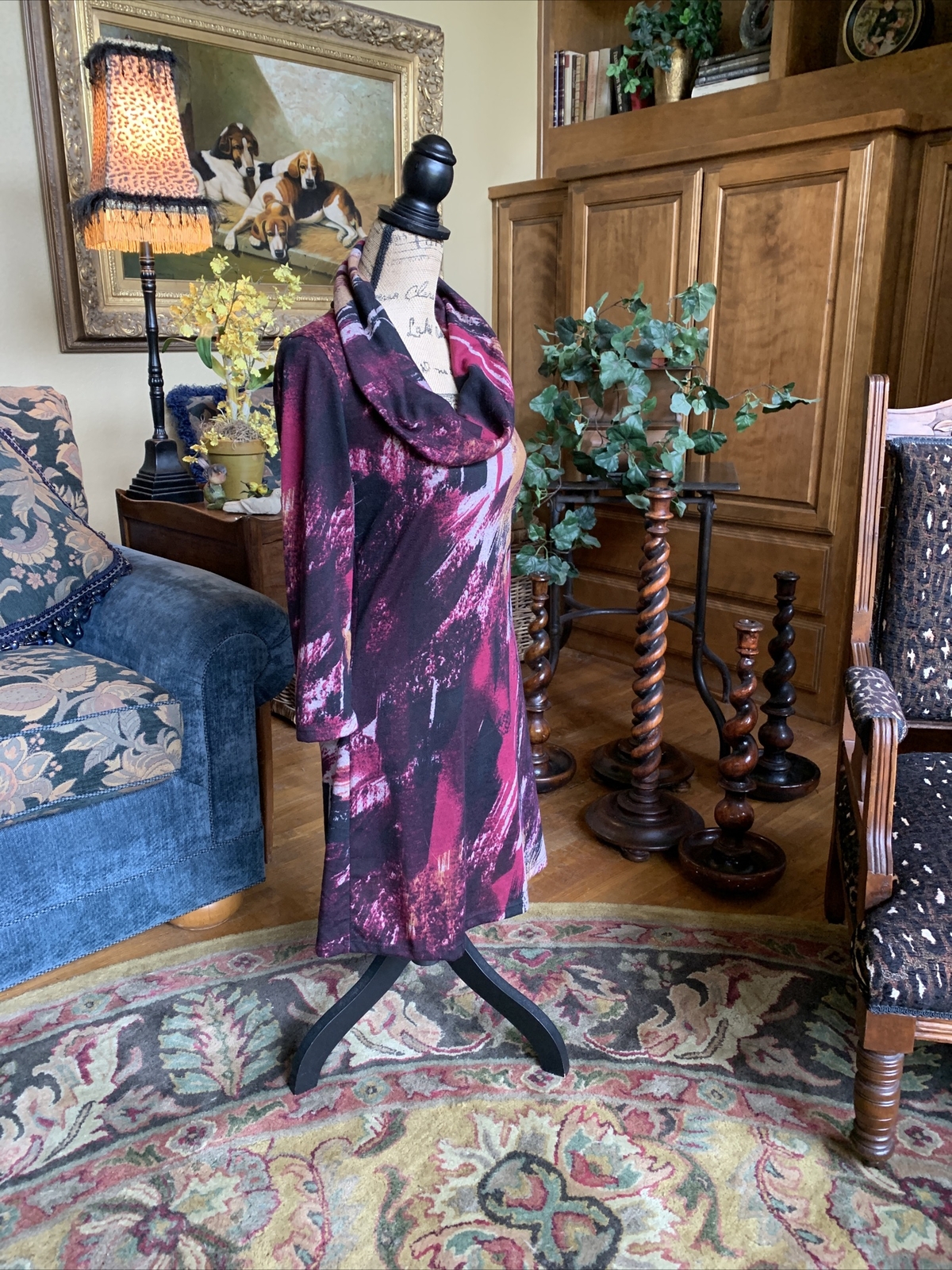 Dark Purple Magenta Mustard Cream Sweater Dress Cowl Neck M 36” 33”