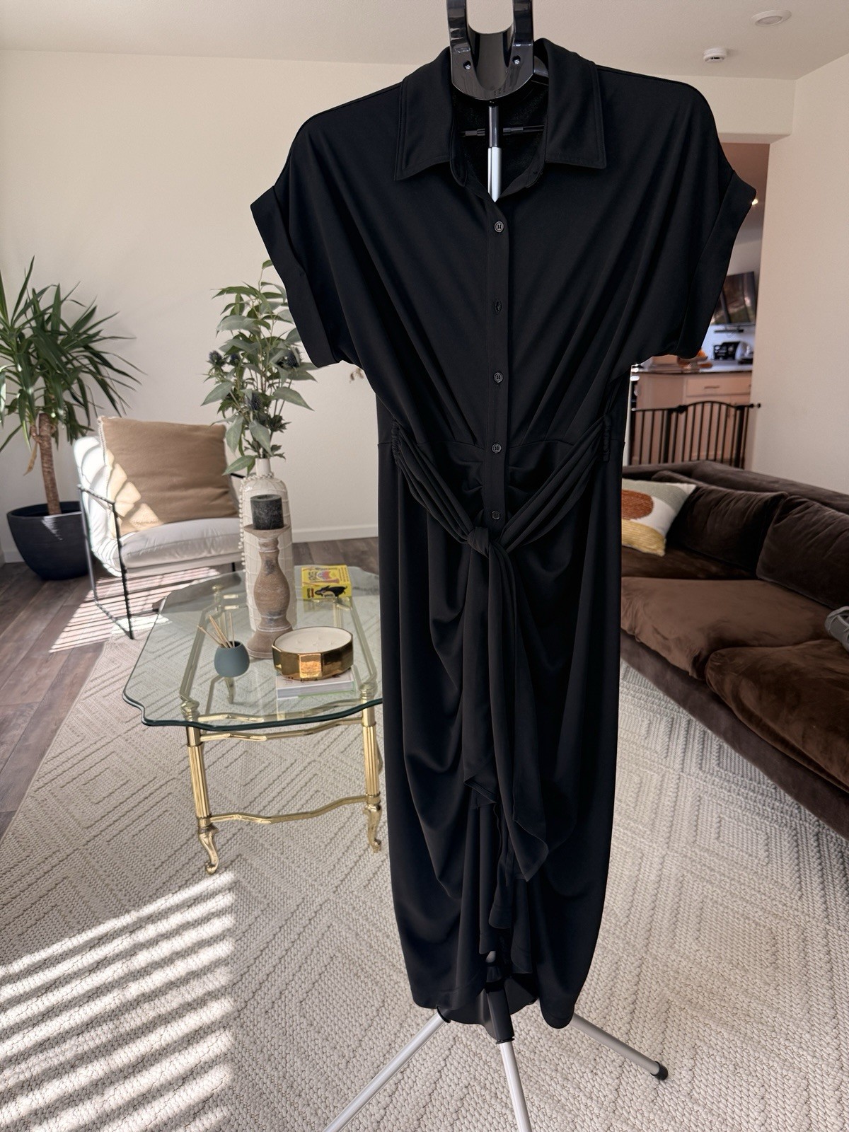 Steve Madden Black Collared Button Belted Shirt Dress Tie Accent Short Sleeve 10