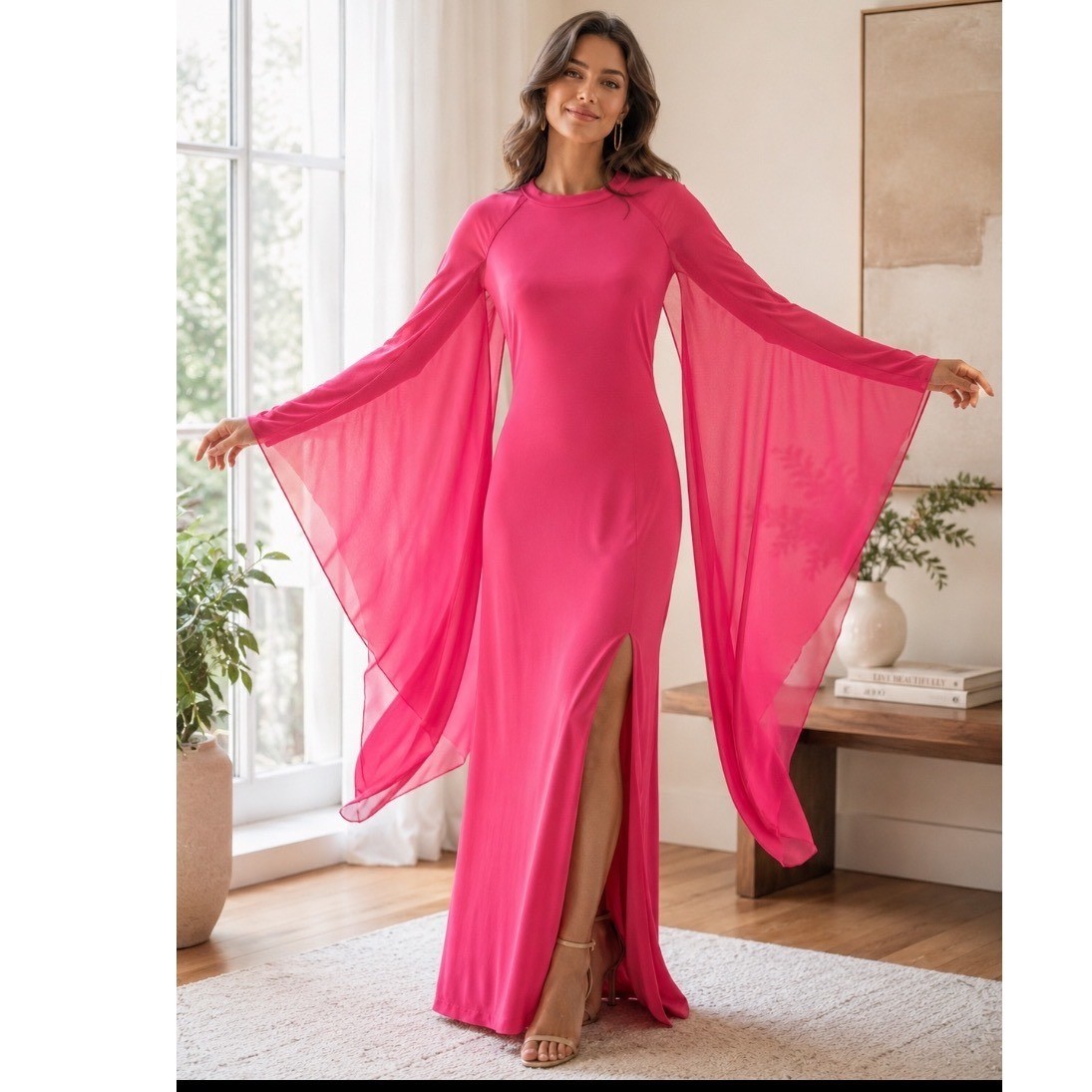Hot Pink Cape Sleeve Maxi Dress Mock Neck Front Slit Formal Gown sz L