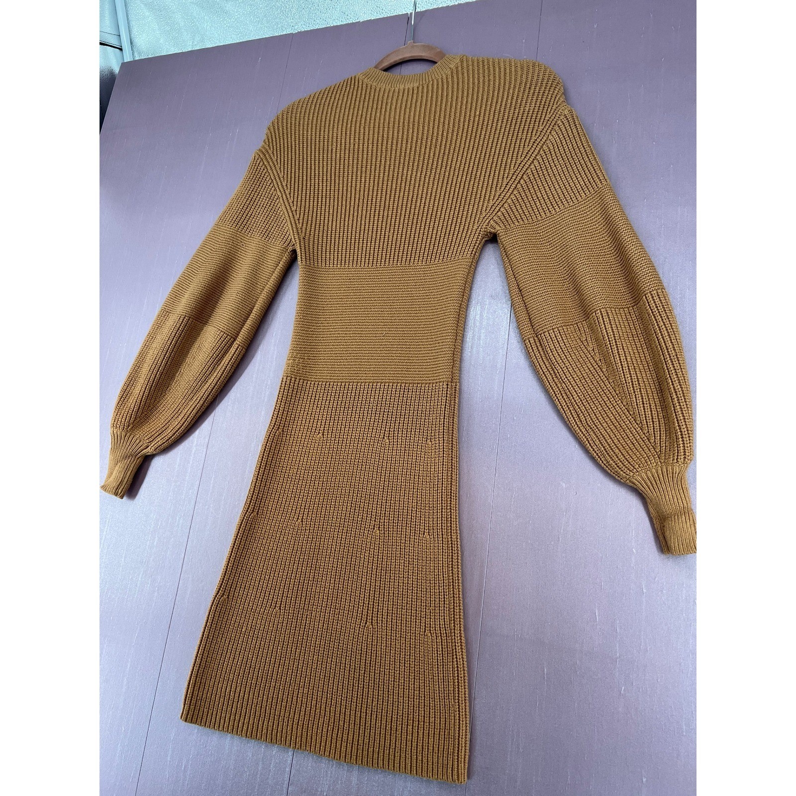 Staud Marleybone Neutral Camel Ribbed Knit Balloon Sleeve Mini Sweater Dress XS