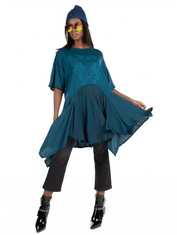 free people THE JERRY LOUNGE teal blue star gazer eagle boho t shirt DRESS top S