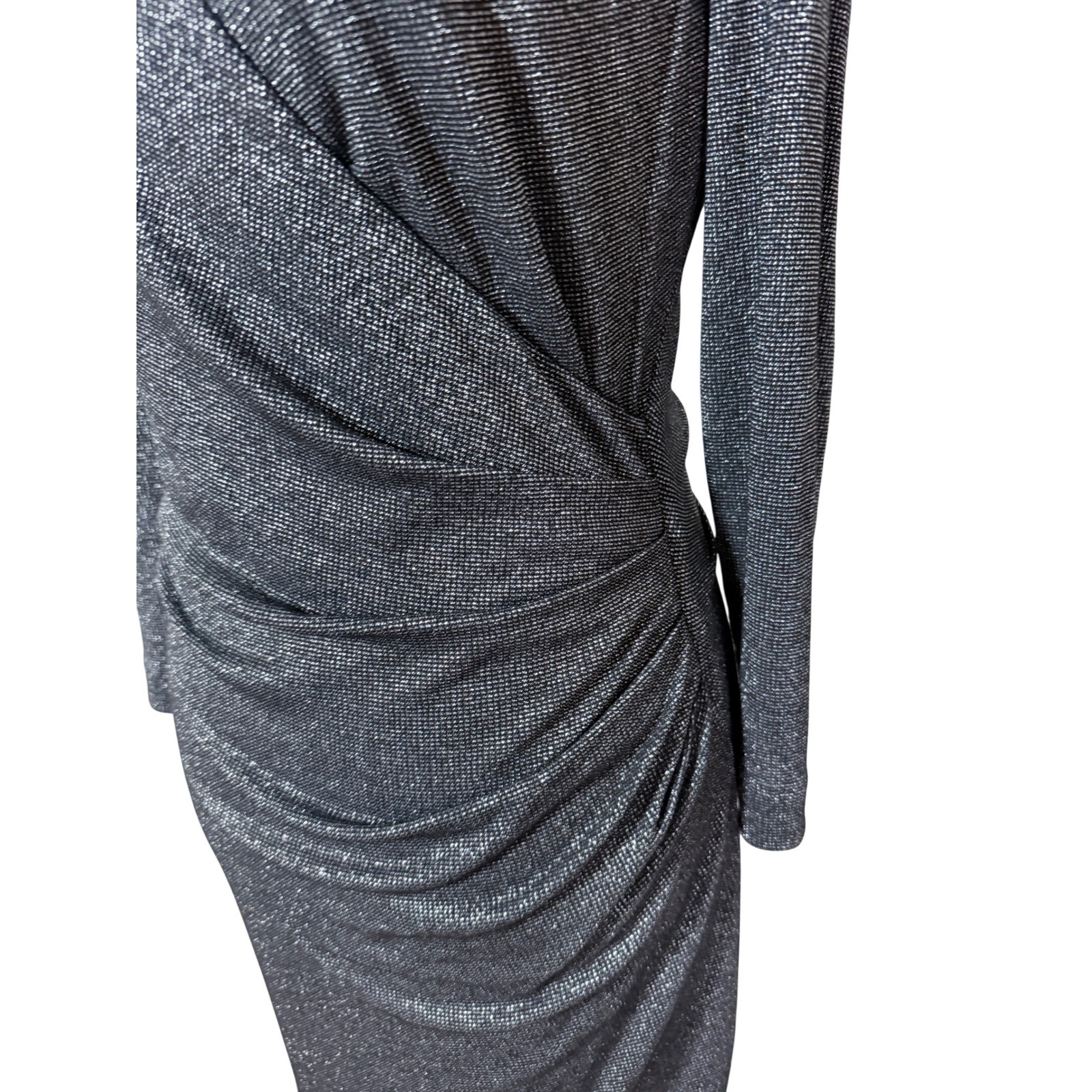 Nicole Miller Collection Silver Metallic Wrap Ruched Midi Dress BK10226 Size M