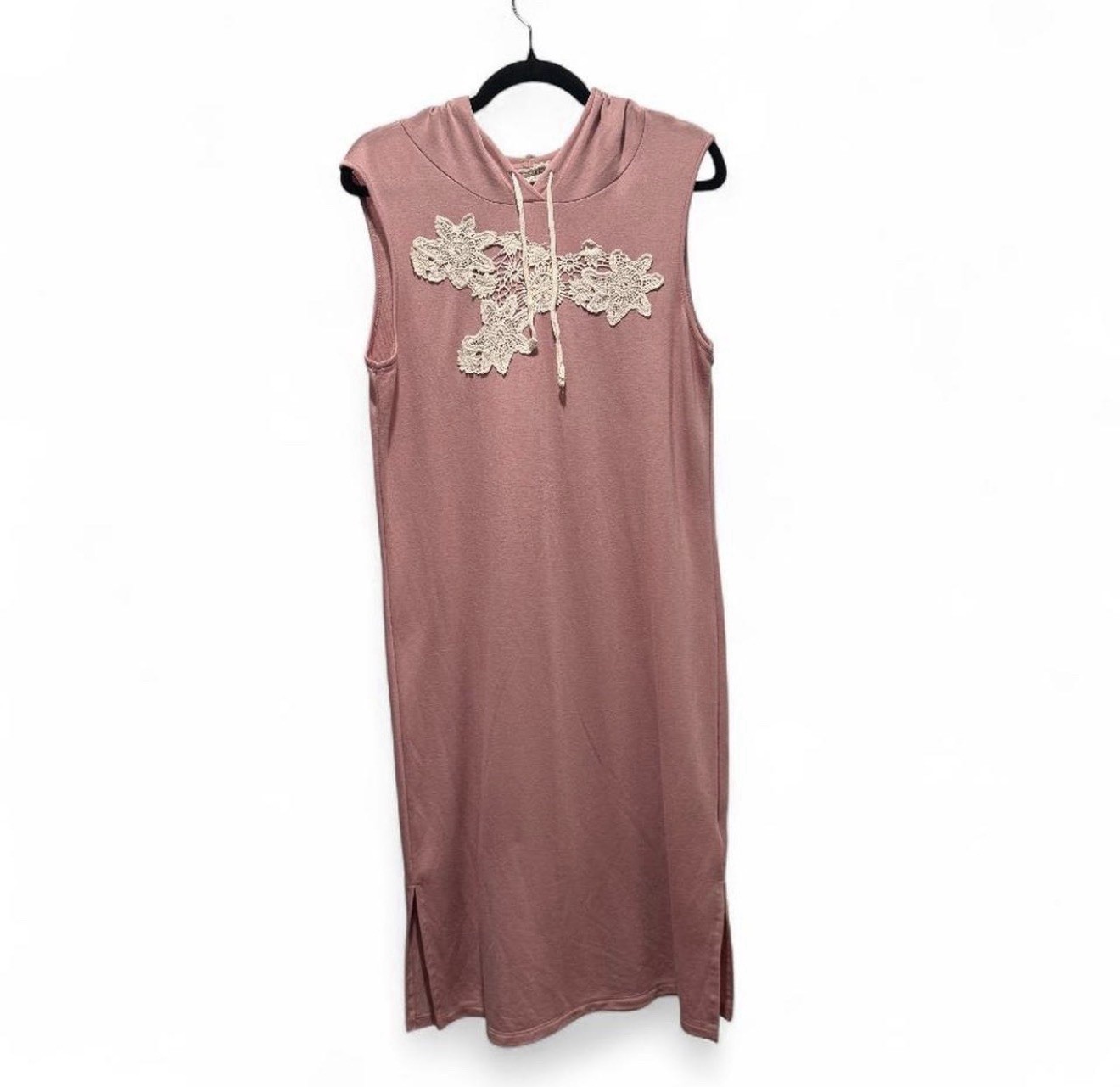 Hiatus Women’s Pink Sleeveless Hooded Knit Long Shift Dress L Floral Embroidered