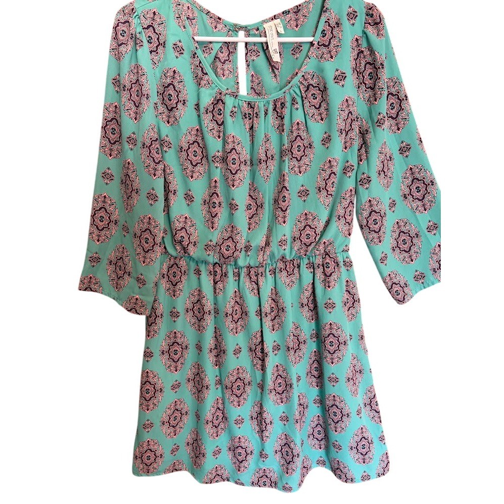 Pink Owl Apparel Teal Pink Medallion Paisley Mini Dress Elastic Waist Large 0057