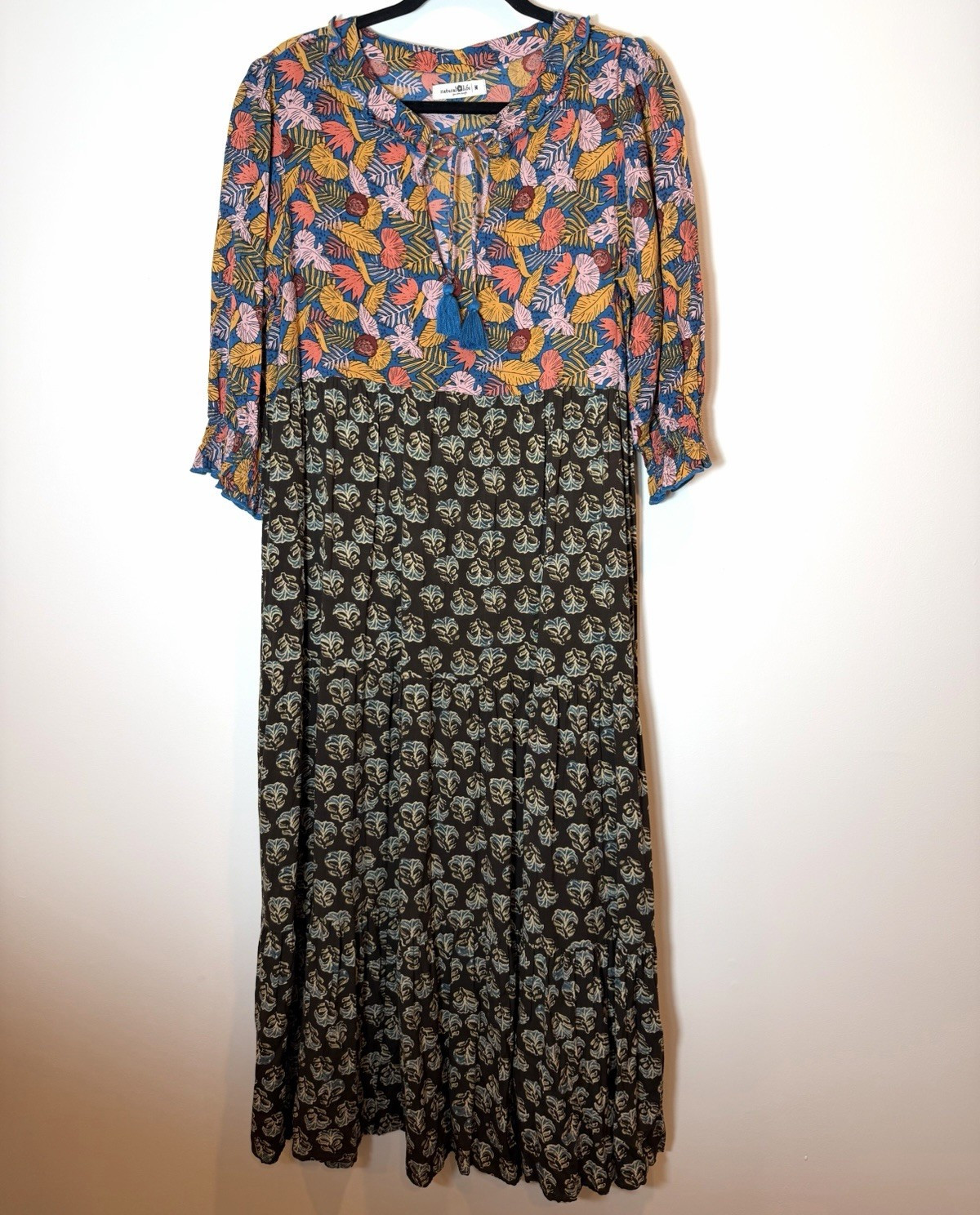 Natural Life Women’s M Floral Tiered Maxi Dress V-Neck 3/4 Sleeve Tassel Tie