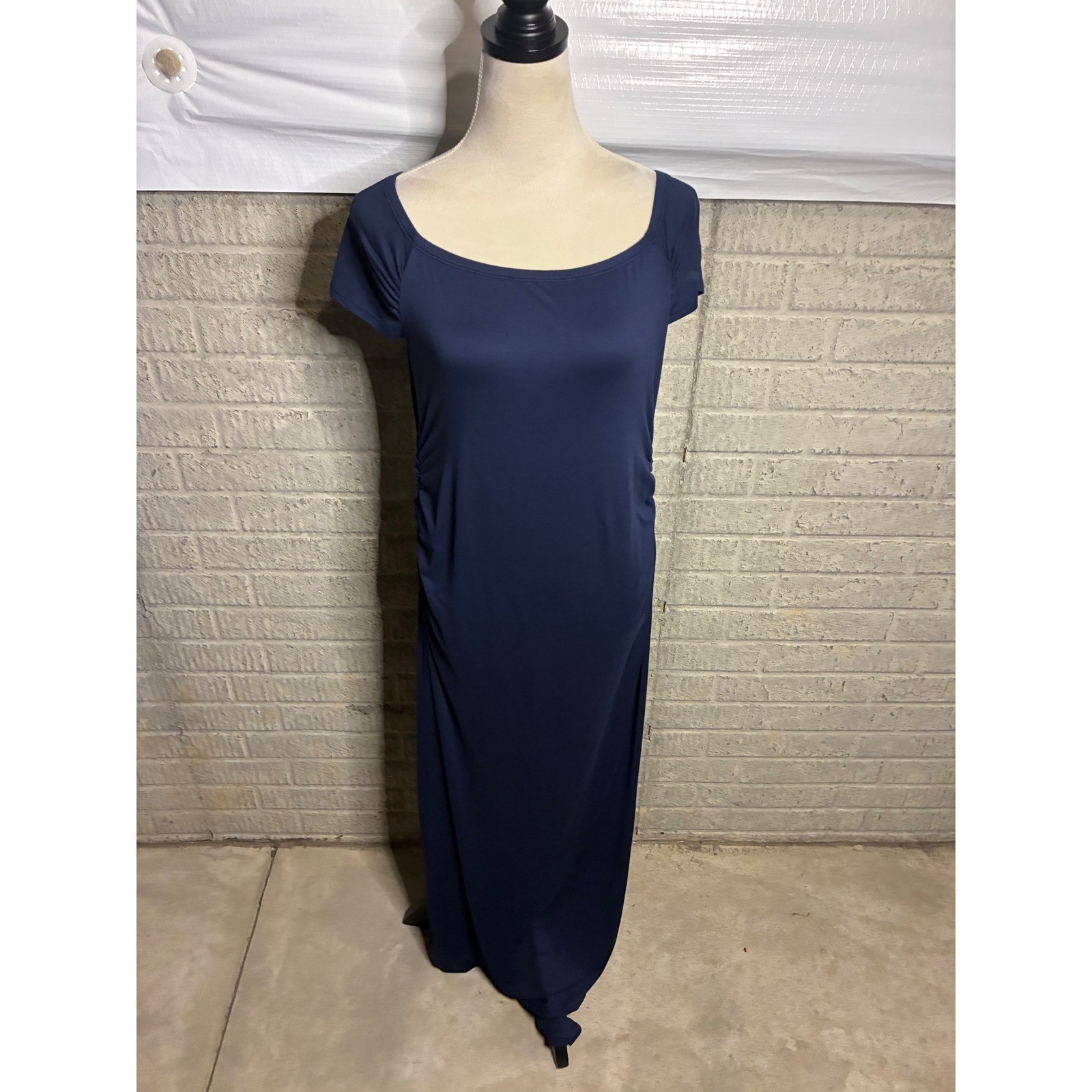 Mother Bee Maternity Navy Ruched Maxi Dress Short Sleeve Scoop Neck Size L
