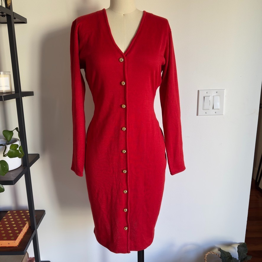 VTG Adele Joyce Wool Blend Fitted Knit Button Up Dress-Red W/ Gold Buttons-Sz M