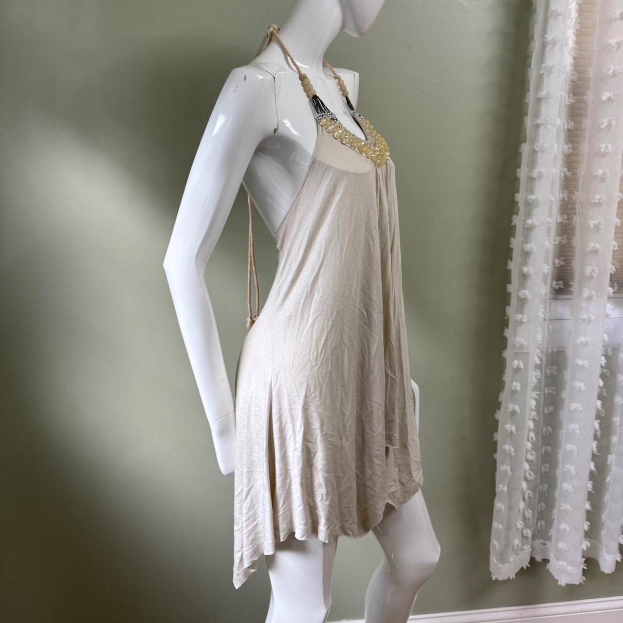 Boho Beaded Halter Mini Dress – One Size Fits Most (Tagged XL) Soft cream-beige