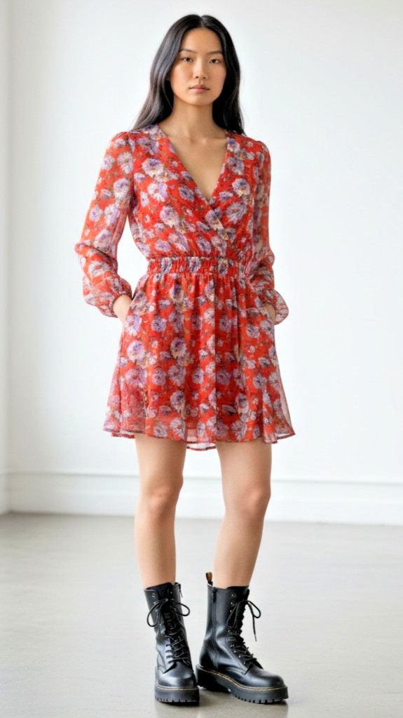 Mi Ami Floral Chiffon Mini Dress Size S Red Long Sleeve Surplice Boho Romantic