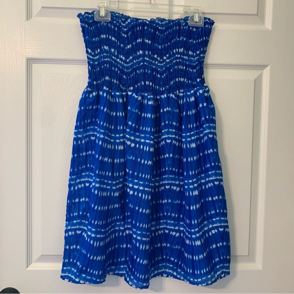 Blue Patterned Strapless Sundress Large Breathable Beachy Cover Lightweight