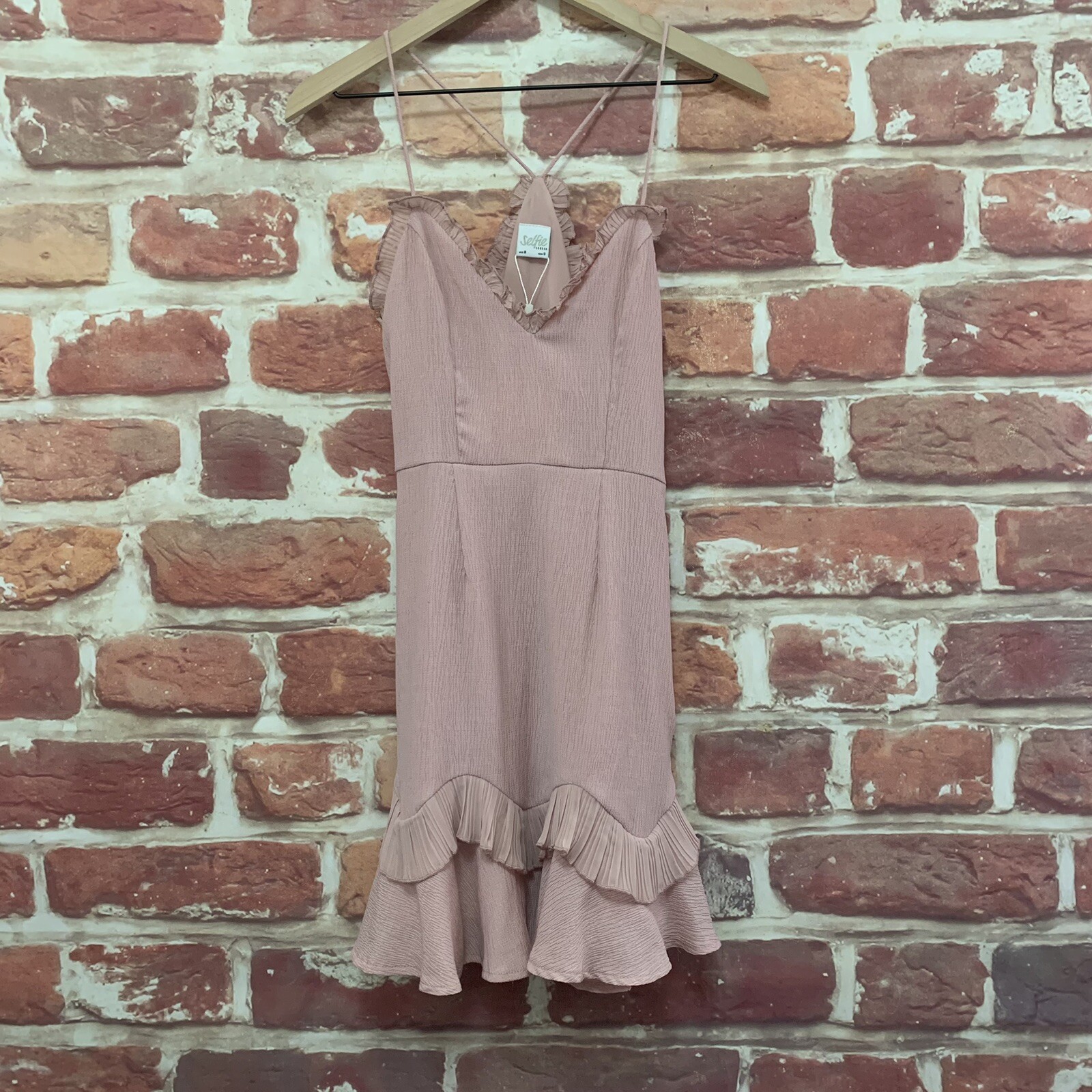 Selfie Leslie Dress Womens Small Blush Pink Crepe Ruffle Sleeveless Zip Up