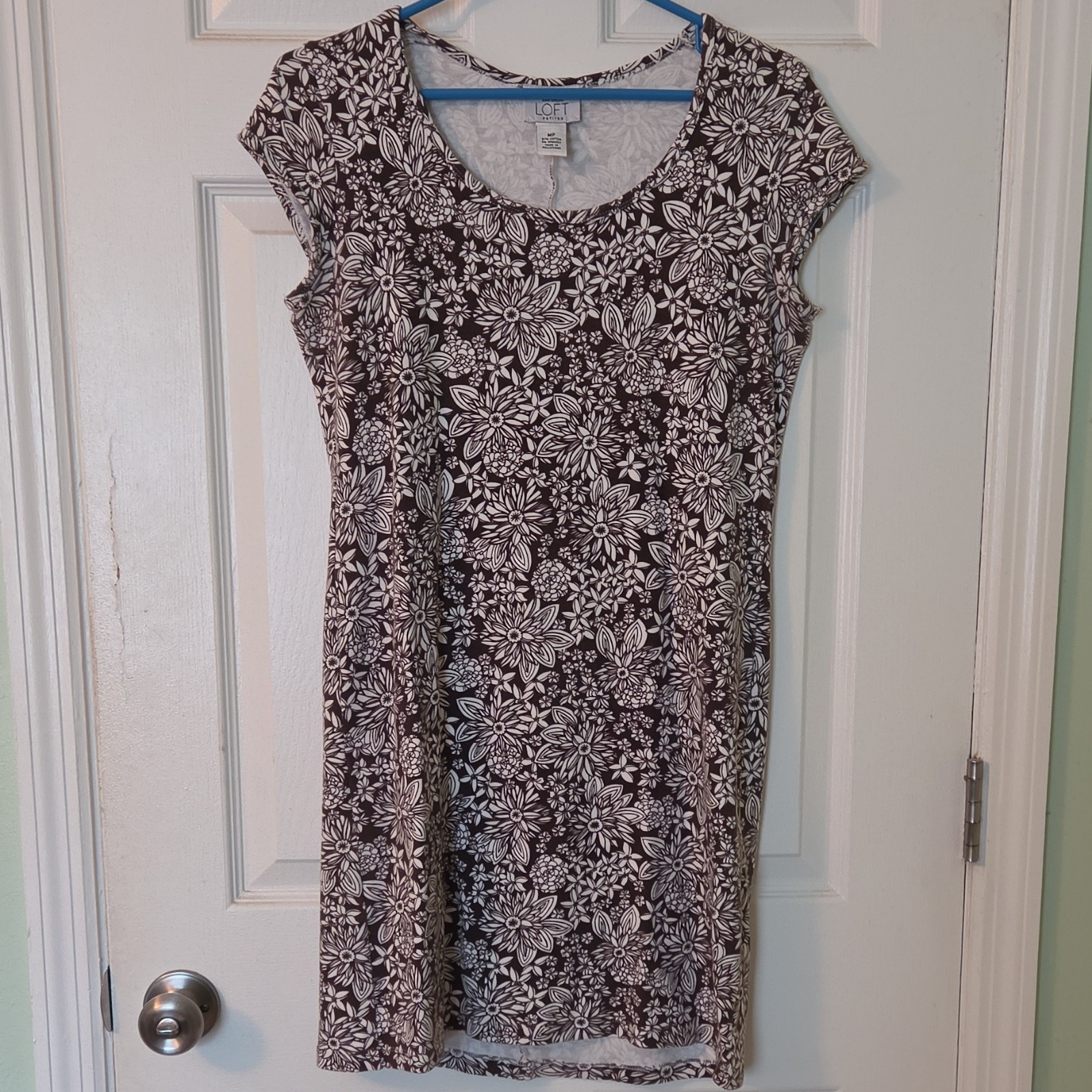 Ann Taylor LOFT Petites MP Brown/White Floral Knit Shift Dress Stretch Pullover