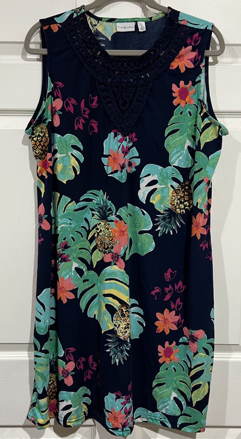 Kim Rogers Women’s L Shift Dress Sleeveless Ribbon Trim Stretch V Neck