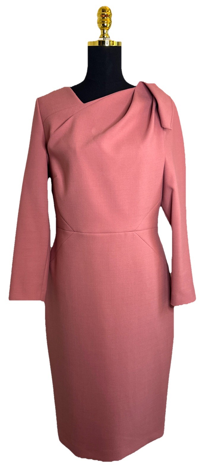 The Fold Melrose Dress Pink Wool Sheath UK 14 US 10 Asymmetric Neck Work Office
