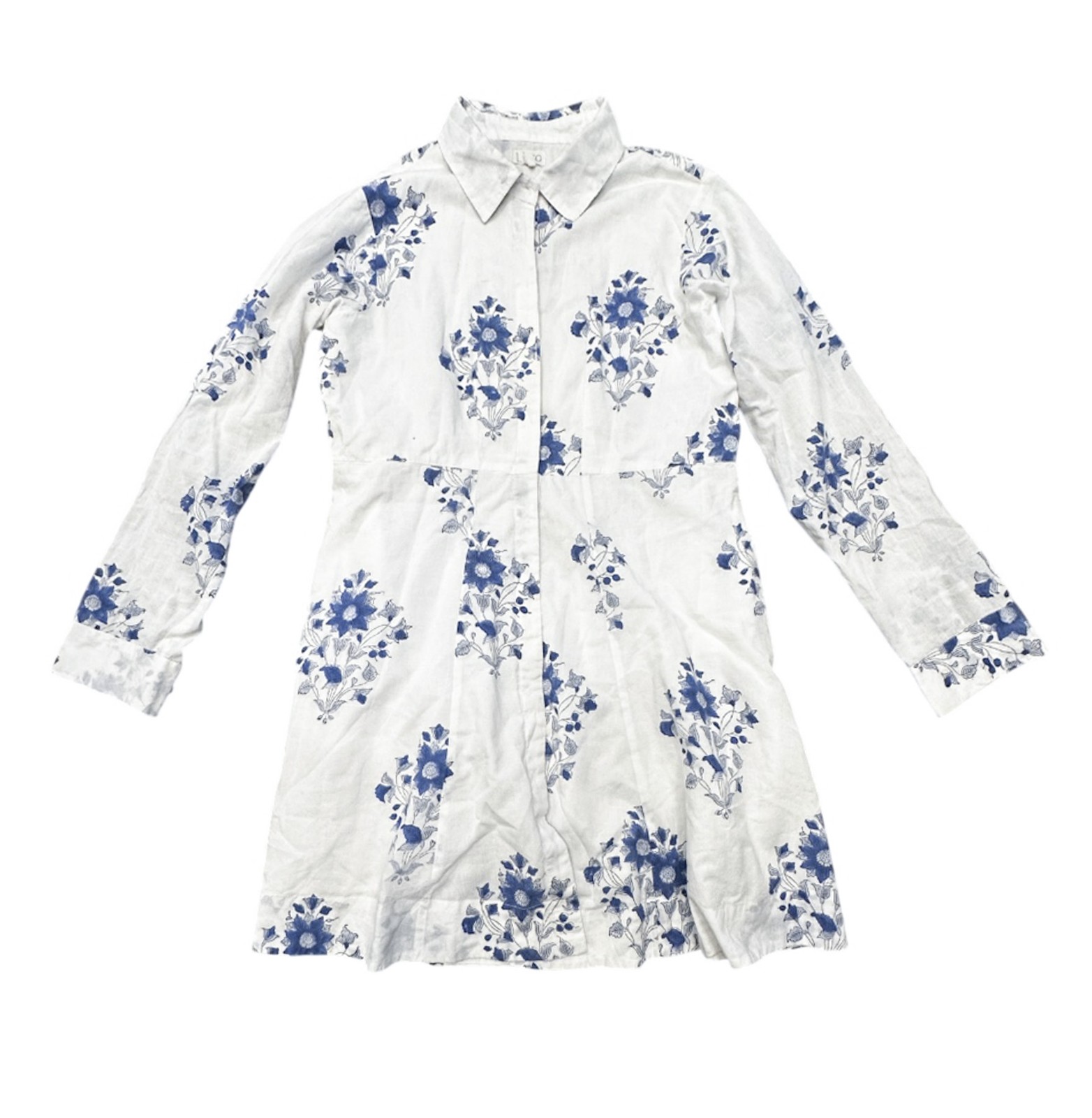 LIVRO Blue White Floral Cotton Button Front Mini Shirt Dress Size Medium