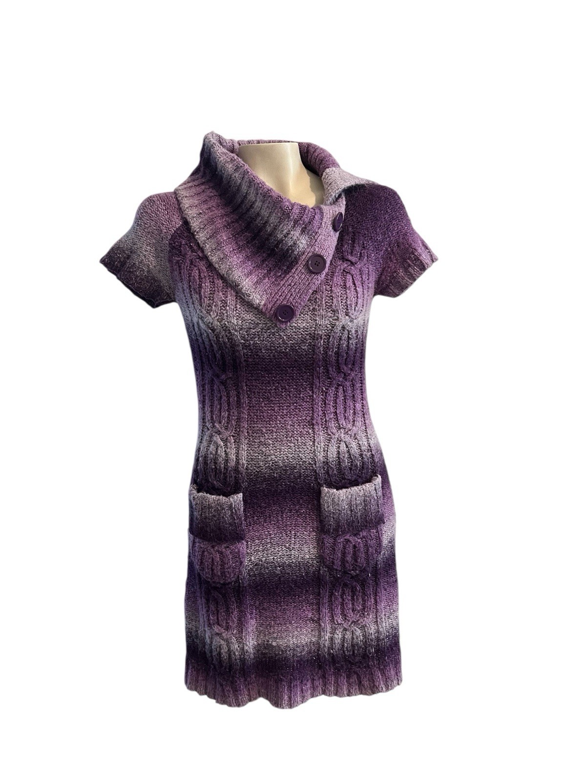 Red Camel Purple Acrylic Sweater Dress With Buttons And Cowl Neck