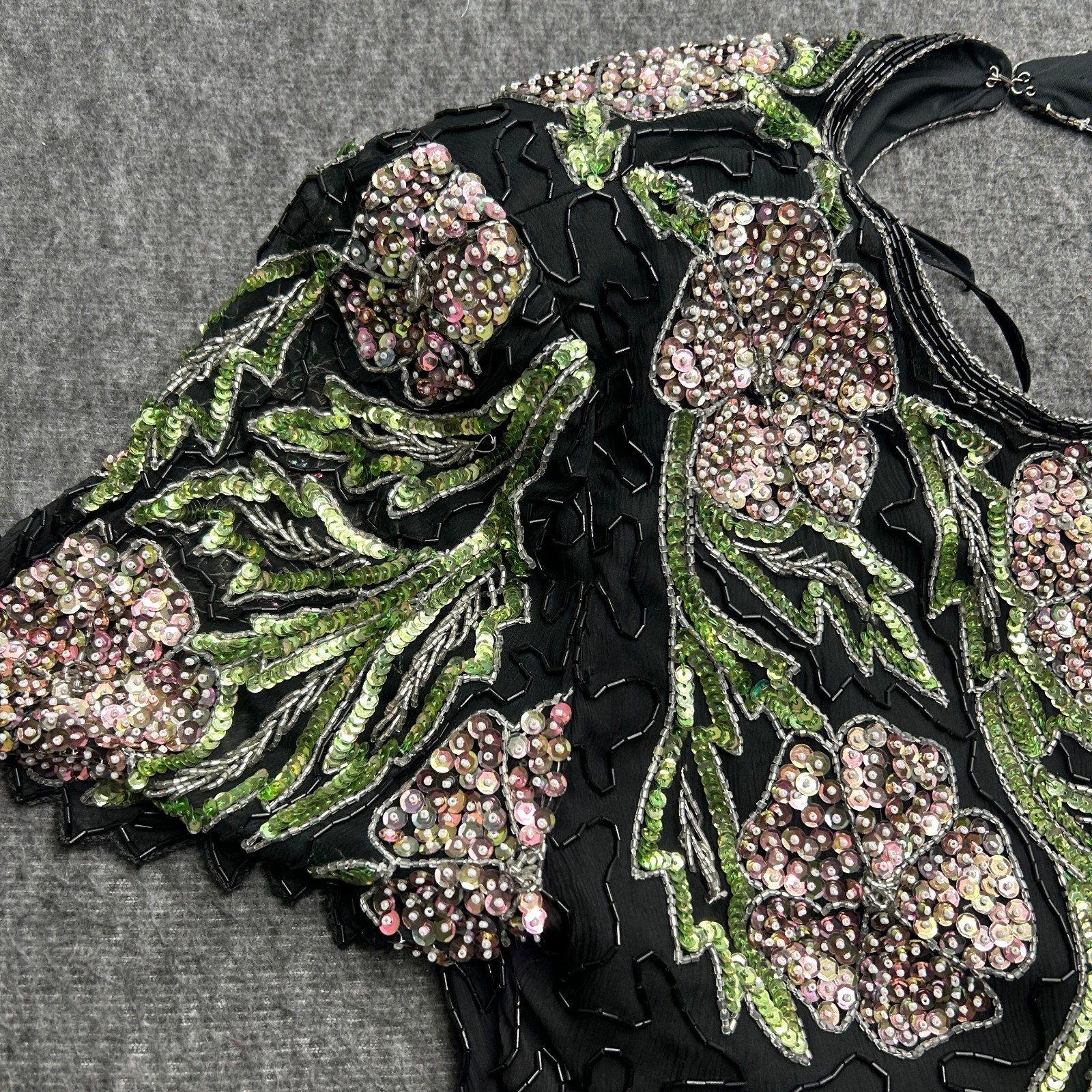 Scala Sequin Beaded Sequin Silk Dress Size XL Black Vtg 80s Black Floral