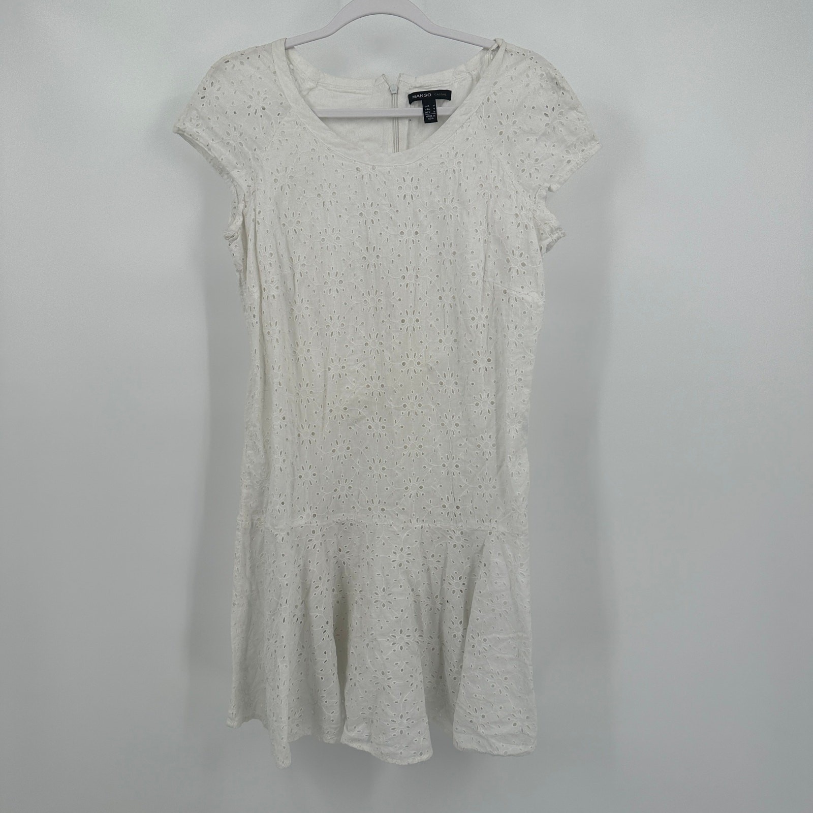 Womens Cottagecore Eyelet Mini Dress Size 6 White Feminine Romantic Vacation LWD