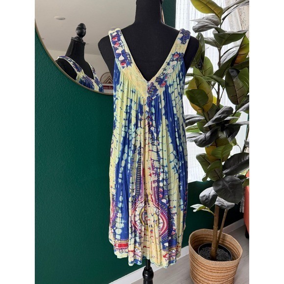 Sacred Threads Tie Dye Viscose Free Size Dress Blue Yellow Bohemian Summer Beach