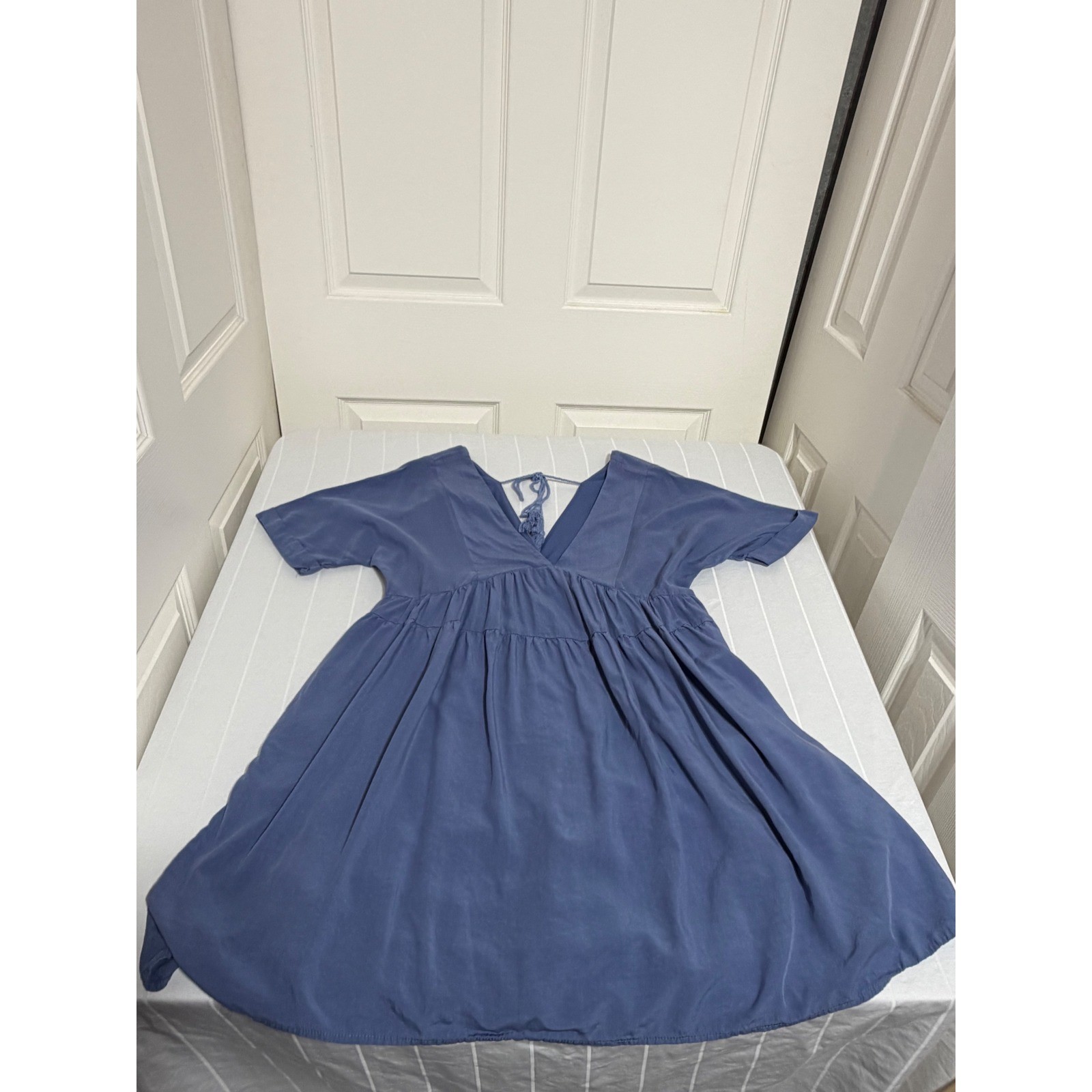 Boho Blue V-Neck Babydoll Mini Dress Short Sleeve Tassel Back Tie Small