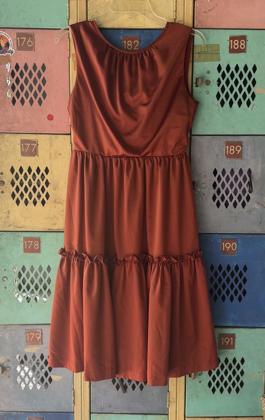 BHLDN Rust Satin Sleeveless Tiered Bow Back Midi Length Dress Size 8