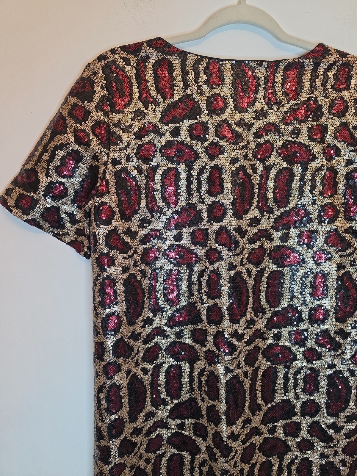 Ivivi Gold Red Black Sequin Leopard Print Shift Dress Size Small Party Christmas