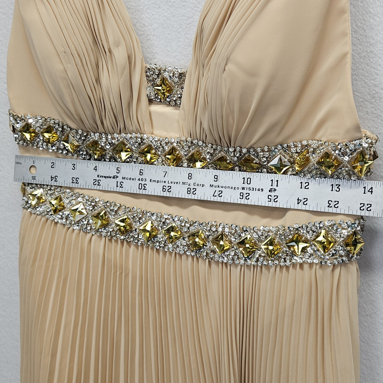 Basix Black Label Dress 6 Beige Pleated Rhinestone Cocktail Evening Prom
