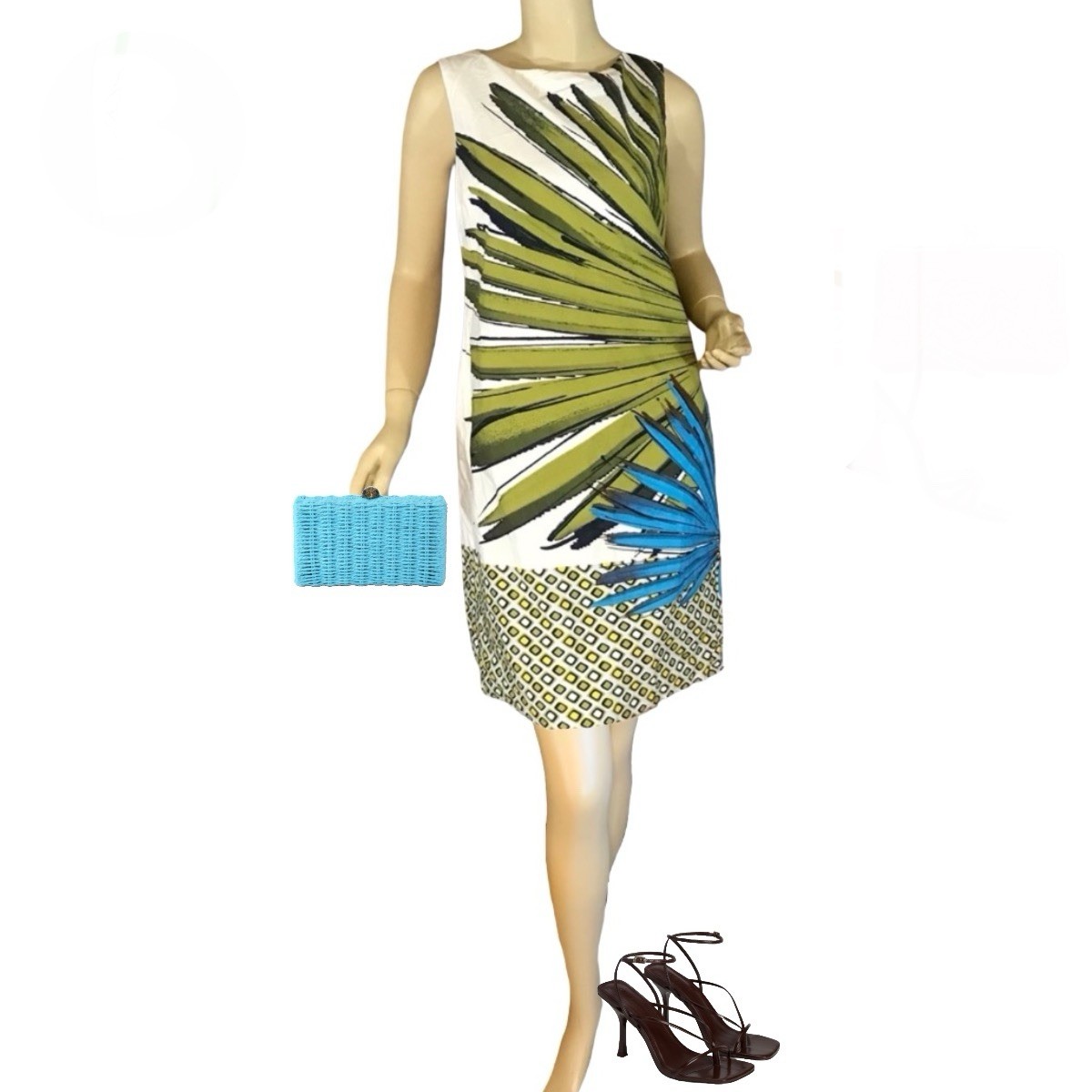 WOMEN’S PIAZZA SEMPIONE FINE FEATHERS GREEN & BLUE SHIFT DRESS M