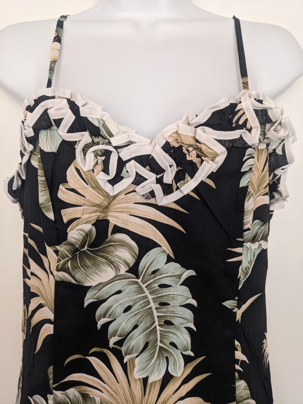 New Ky’s Hawaii Maxi Hawaiian Ruffle Dress Black Leaves floral spaghetti strap