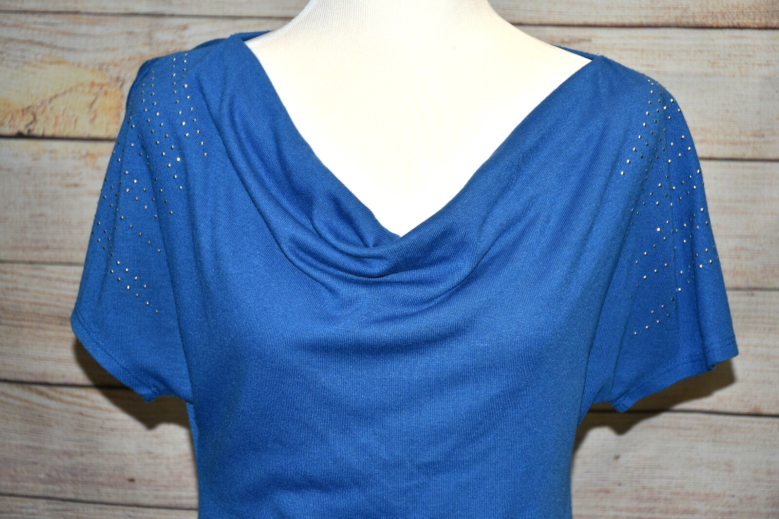 L8TER S M ROYAL BLUE SCOOP DRAPE NECK SILVER STUD SHIRT TUNIC TOP / DRESS
