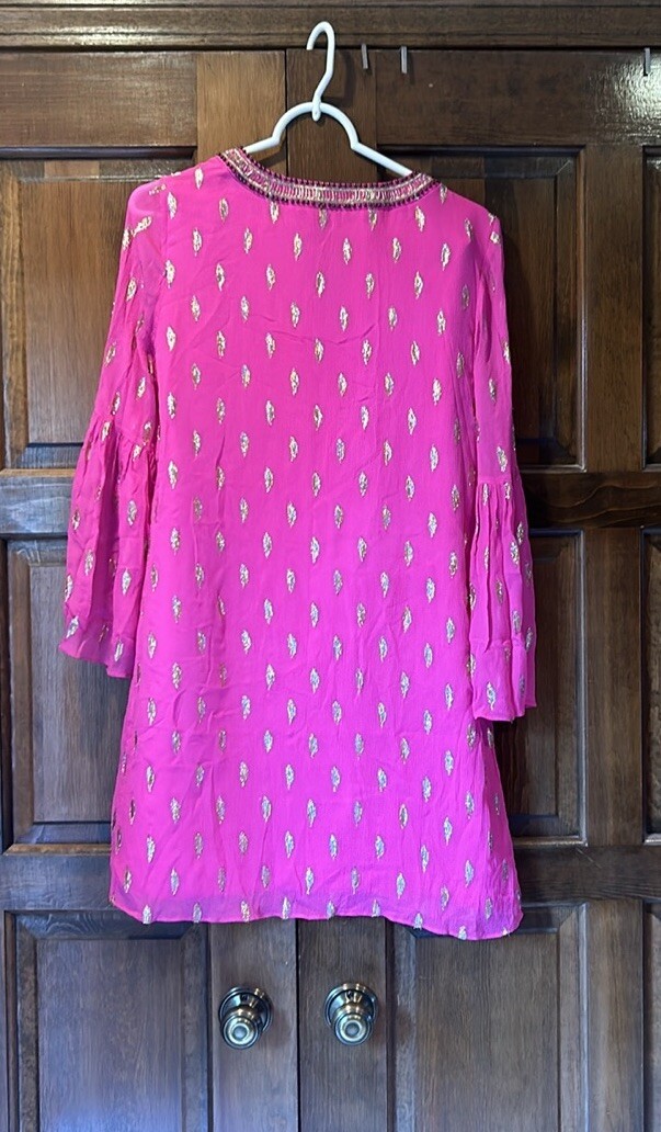 Lilly Pulitzer Amory Silk Dress Pink Gold Metallic Shift Bell Sleeve Size 2