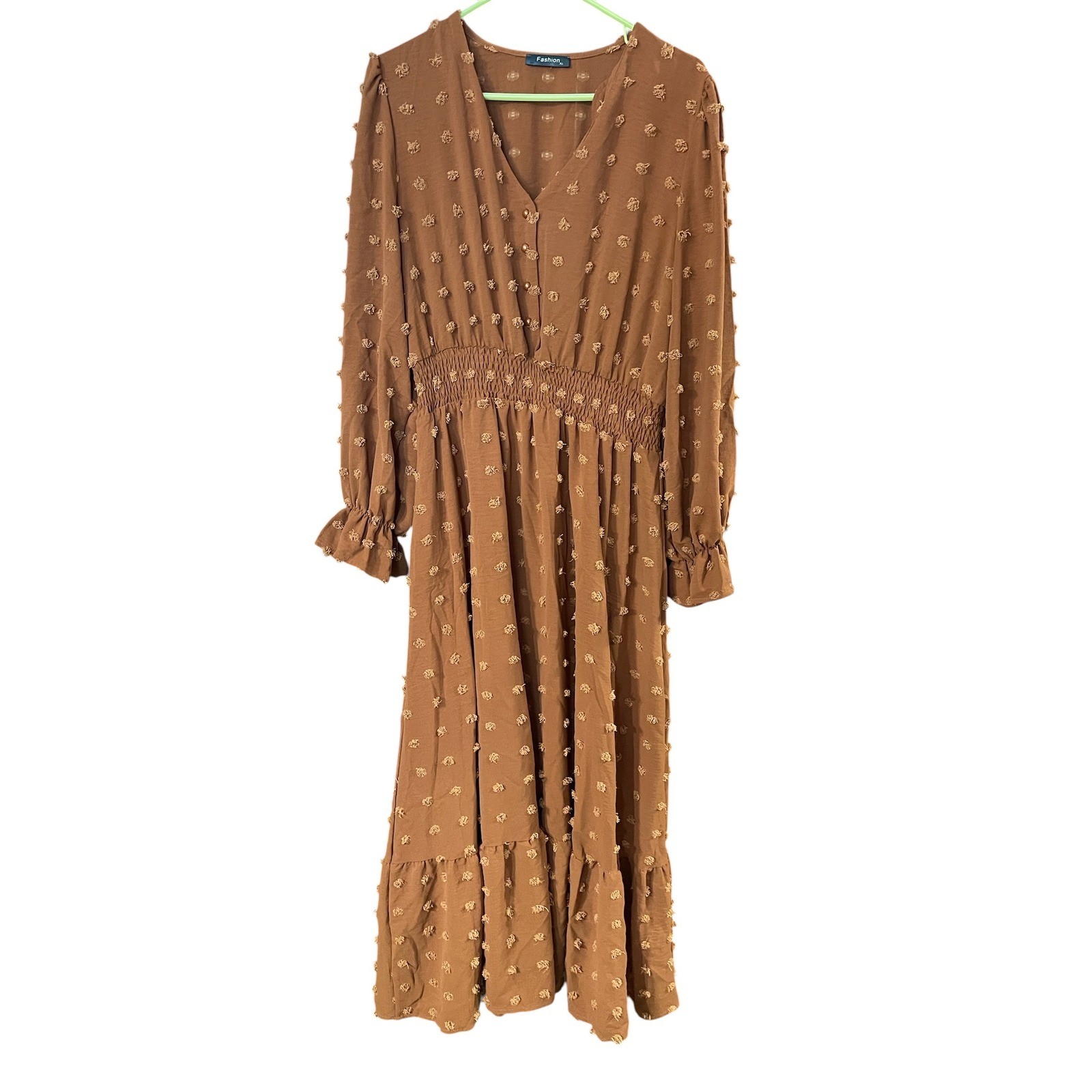 Fashion XL Brown Swiss Dot Midi Dress Long Sleeve Smocked Waist Tiered Ruffle XL