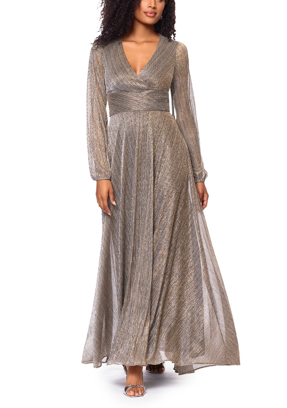 Betsy & Adam Mocha Gold Metallic Long Sleeve V-Neck Gown Size 8 $289