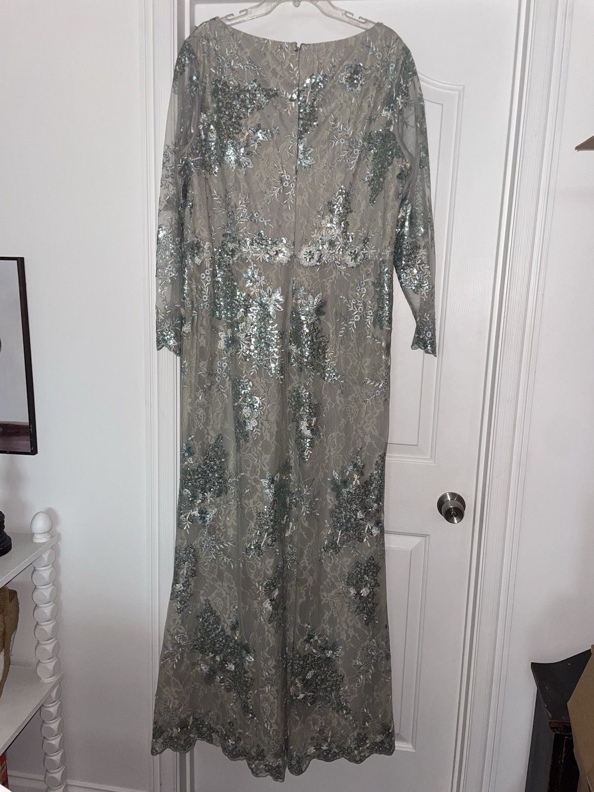 Mac Duggal V Neck Illusion Long Sleeve Embellished Evening Gown Seamist Size 20