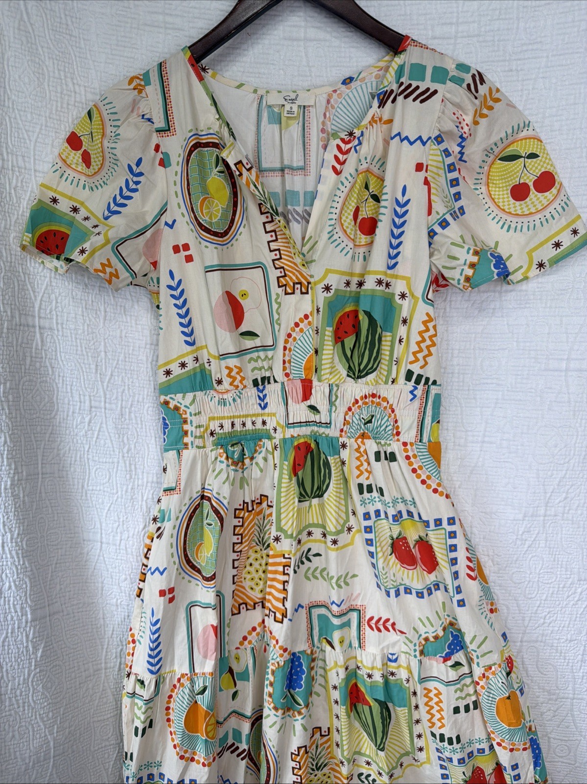 Easel Fruit Print Cotton Tiered Midi Dress Small Short Sleeve Garden Cottagecore