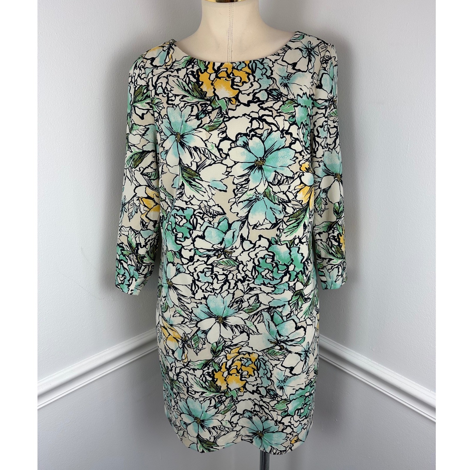 THE LIMITED Green Cream Black Beige & Yellow Floral Shift Dress | Small