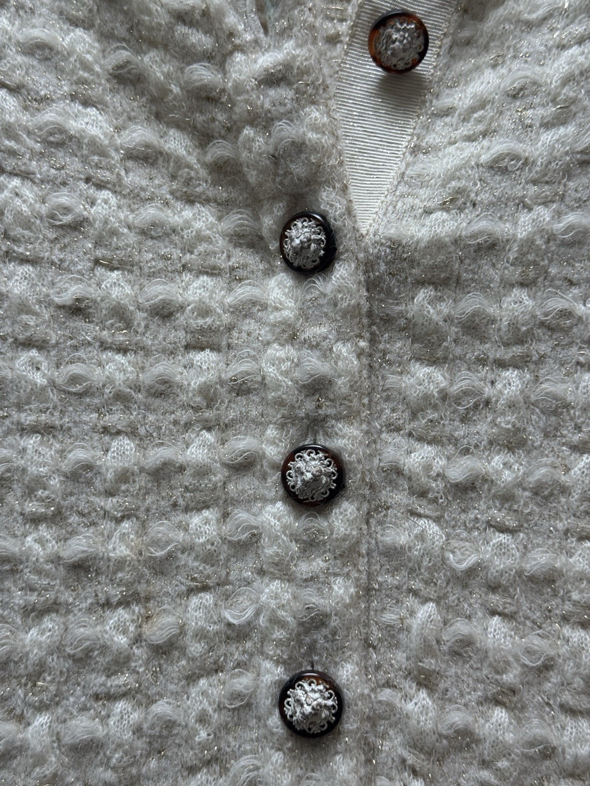 CHANEL Beige Wool Knit Button Front Pocket Knee Dress Half Sleeve Size 40