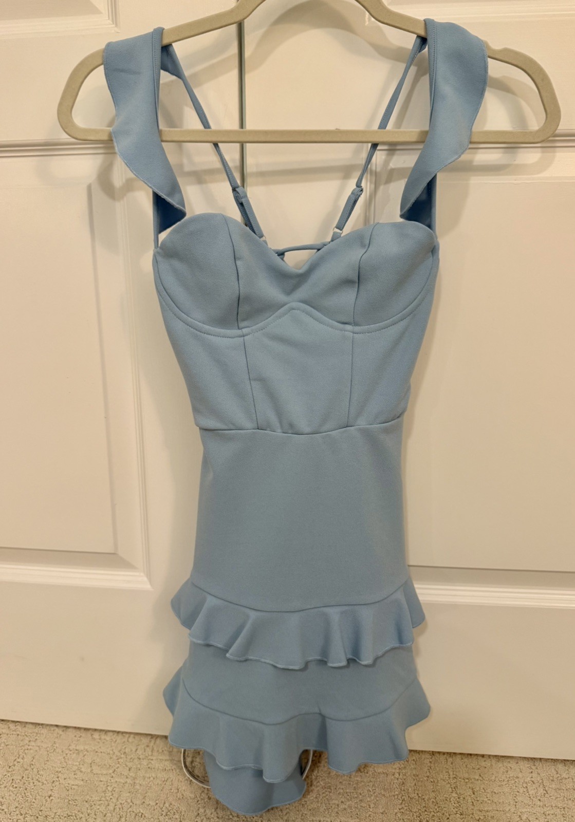 New Lucy in the Sky Blue dress spaghetti strap ruffle hem open tie back SZ XS
