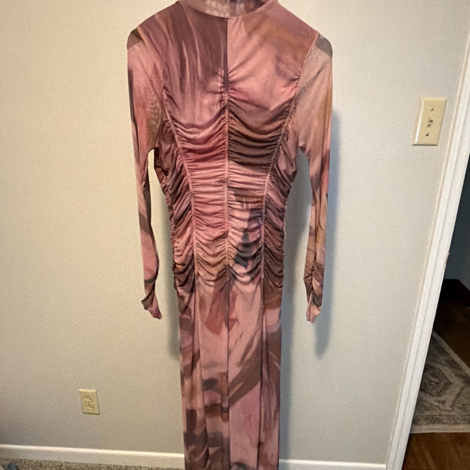 Anthropologie Women’s Abstract Mesh Ruched Mock Neck Dress S Pink Rose