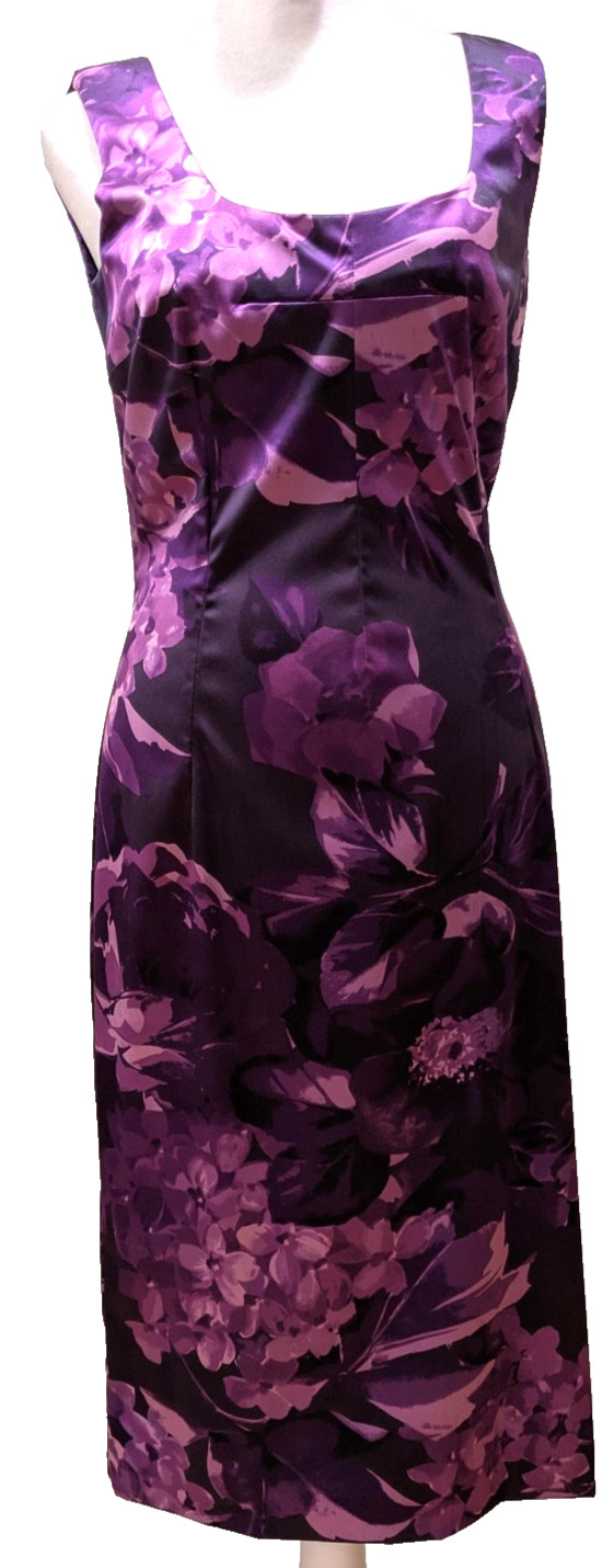 Vtg Dolce&Gabbana Dress Women 40 Purple Floral Silk Sheath Sq. Nk. Stretch Midi